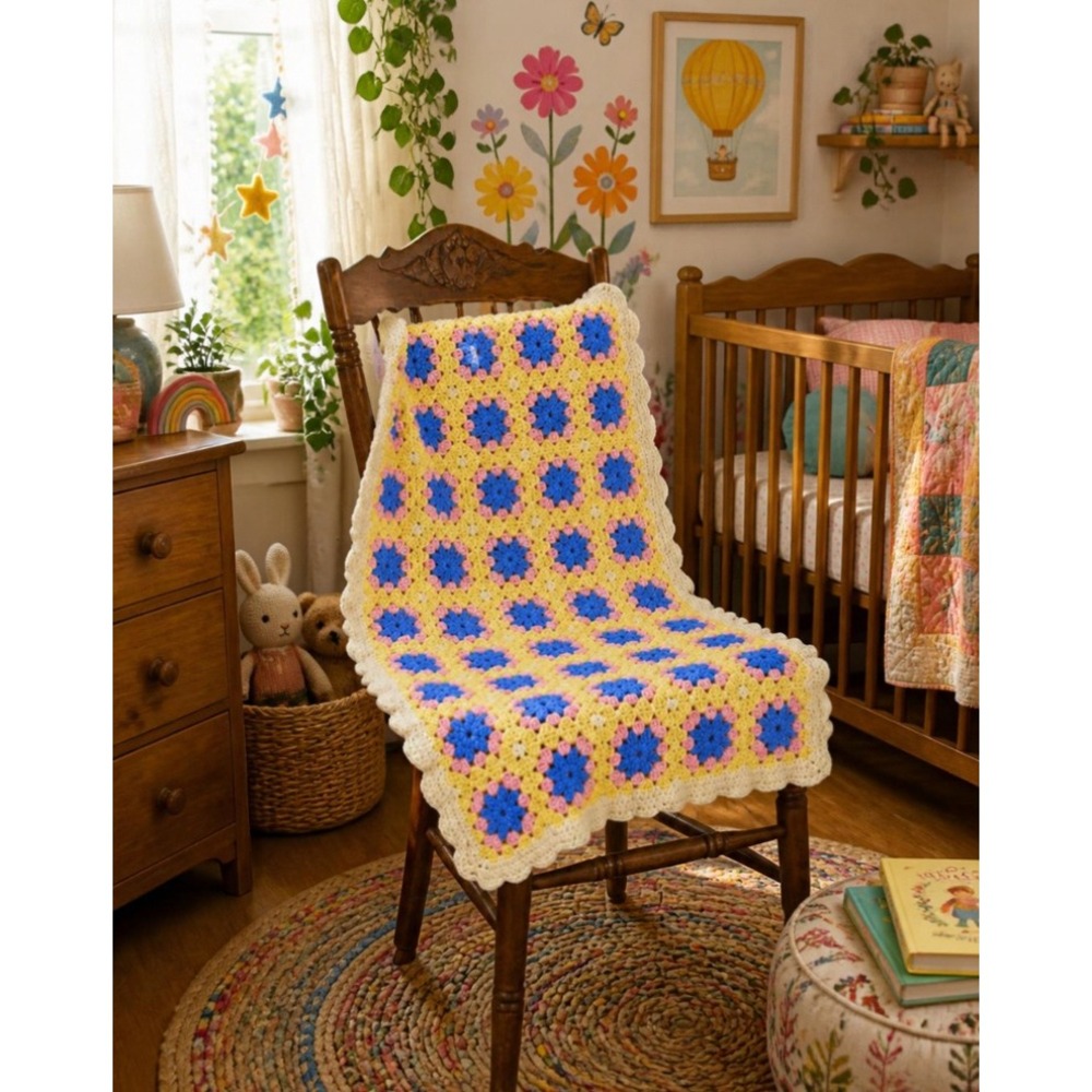 Vintage Handmade Granny Square Crochet Baby Blanket Floral 3D Afghan 24x35